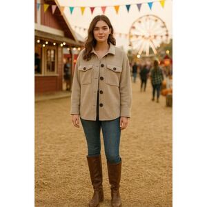 Ookie & Lala L Beige Shacket Button Down Pockets‎ Soft Farmcore Western Cowgirl